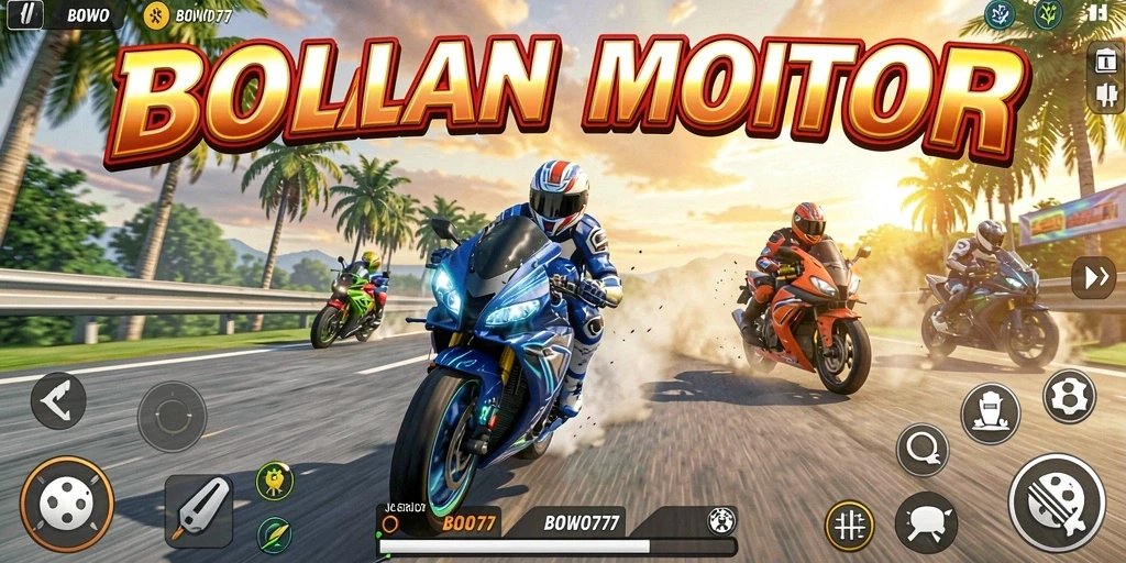 Gameplay BOWO77 yang seru dengan balapan motor cepat.