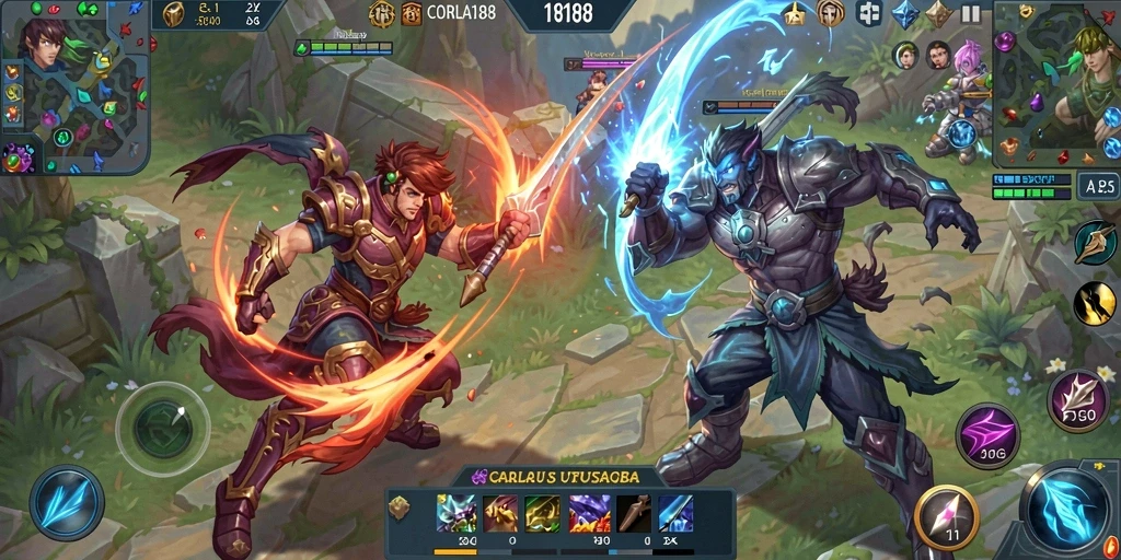 Screenshot gameplay CORLA188 menunjukkan aksi seru di arena pertempuran MOBA.