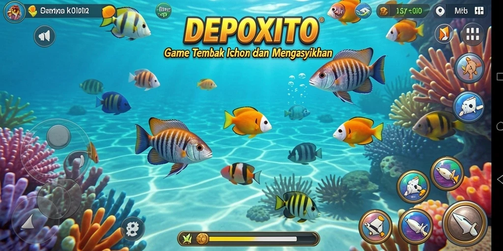 Tampilan gameplay DEPOXITO dengan aksi menembak ikan yang seru.