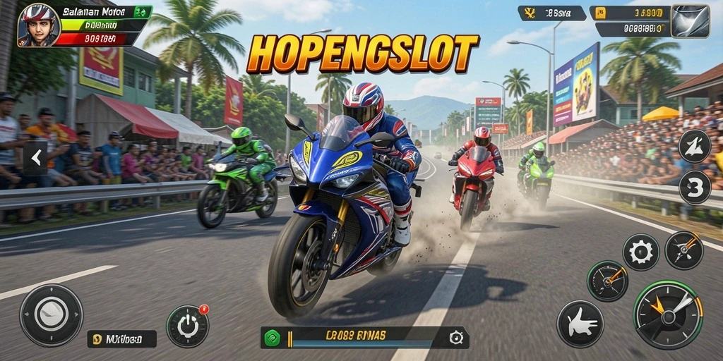 Tampilan gameplay seru HOPENGSLOT saat balapan motor.