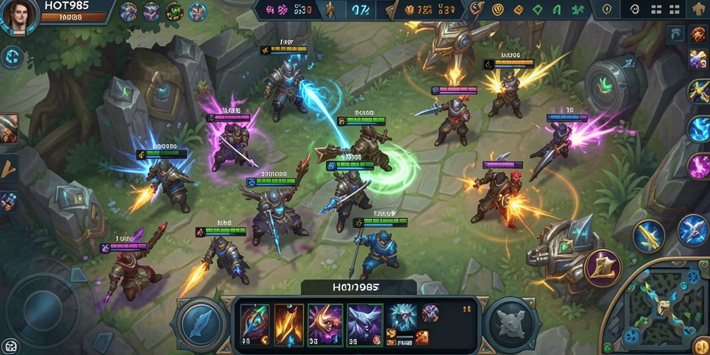 Screenshot gameplay menarik dari HOT985 dengan aksi pertarungan MOBA.