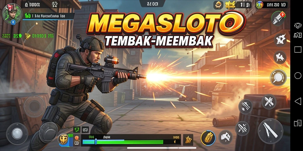 Tampilan gameplay MEGASLOTO dengan aksi tembak-menembak intens.