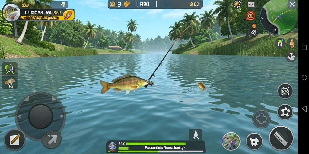 Screenshot menunjukkan gameplay memancing yang mendebarkan dan penuh warna.
