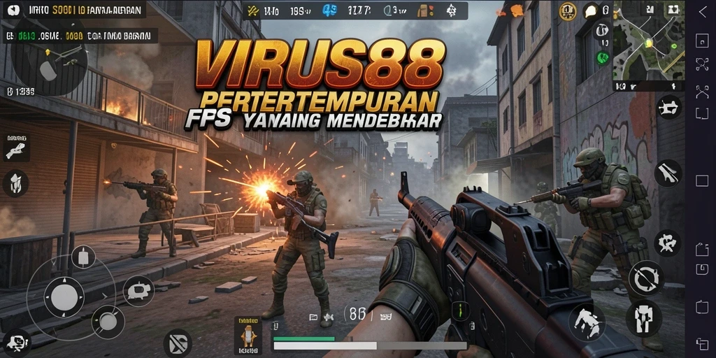 Screenshot dari gameplay intens di <strong>VIRUS88</strong> menunjukkan aksi tembak-menembak yang mendebarkan.